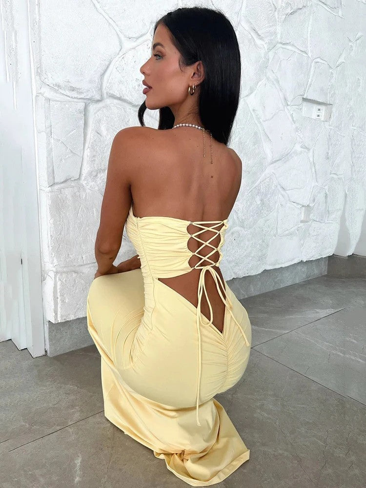 Elegant Strapless Yellow Evening Gown