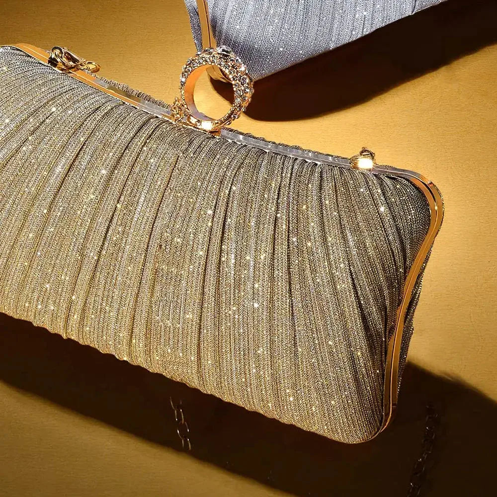 Elegant Gold Evening Clutch with Crystal Ring Handle