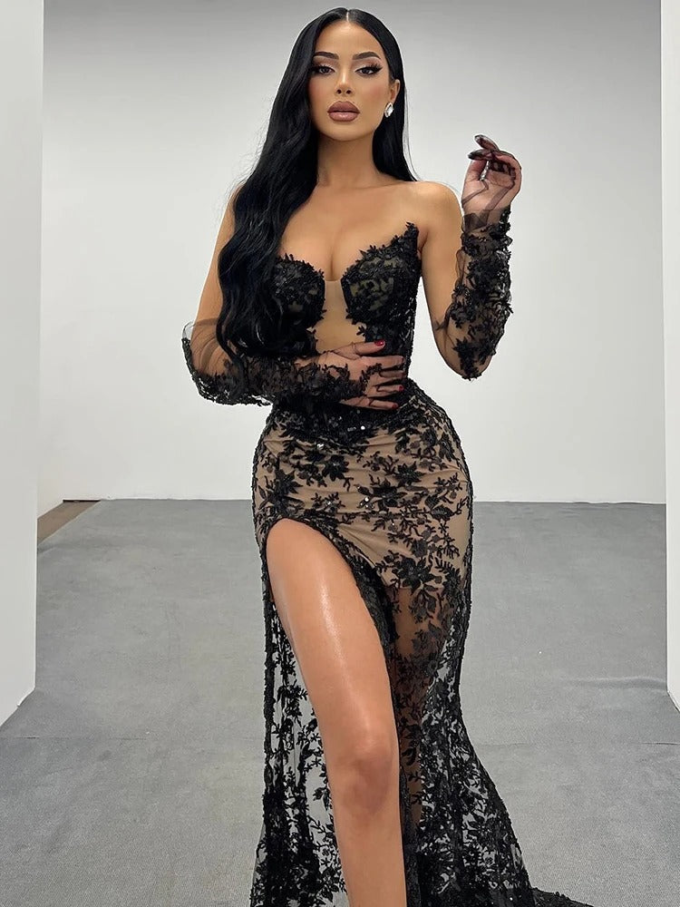 Black Lace Illusion Gown with High Slit